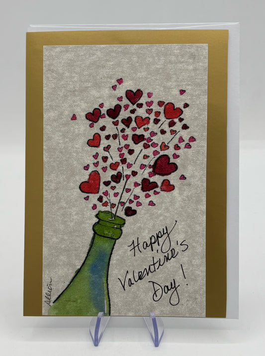 Gold Champagne Bottle with Hearts Valentine's card