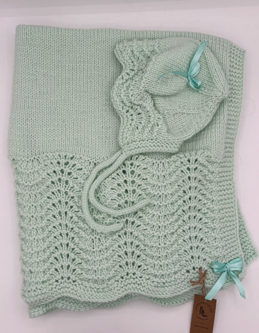 Mint Green Acrylic Baby Blanket with Bonnet