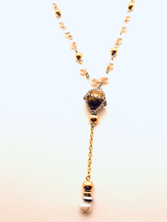 Pearl Necklace with Cage Brass Sphere in Sterling Silver