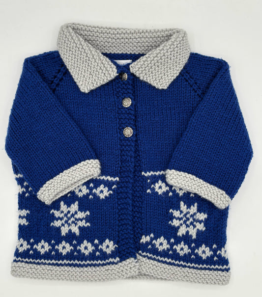 12 M Royal Blue and White Snowflake Knit Coat