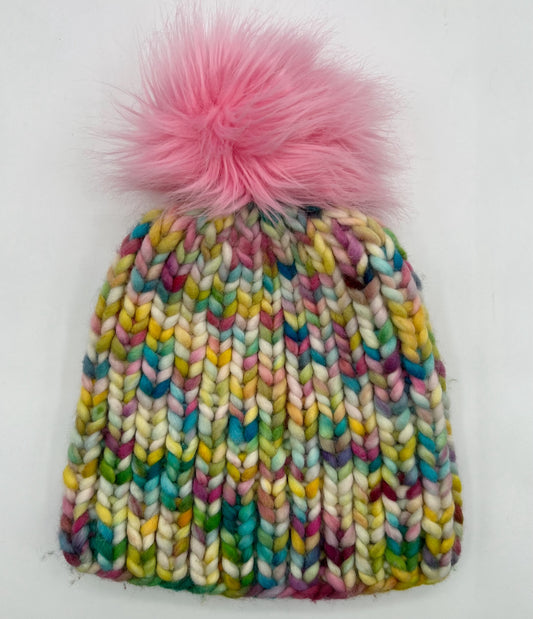 Adult S/M Pastel Multi Wool Knit Hat with Pink Pompom