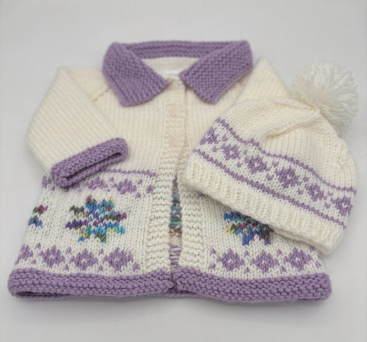 6 M White and Lavender Acrylic Fair Isle Knit Cardigan and Hat