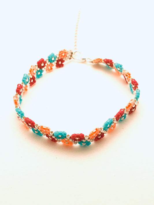 Beaded 4 Row Flower Edge Bracelet, Silver, Coral, Blue and Fuschia