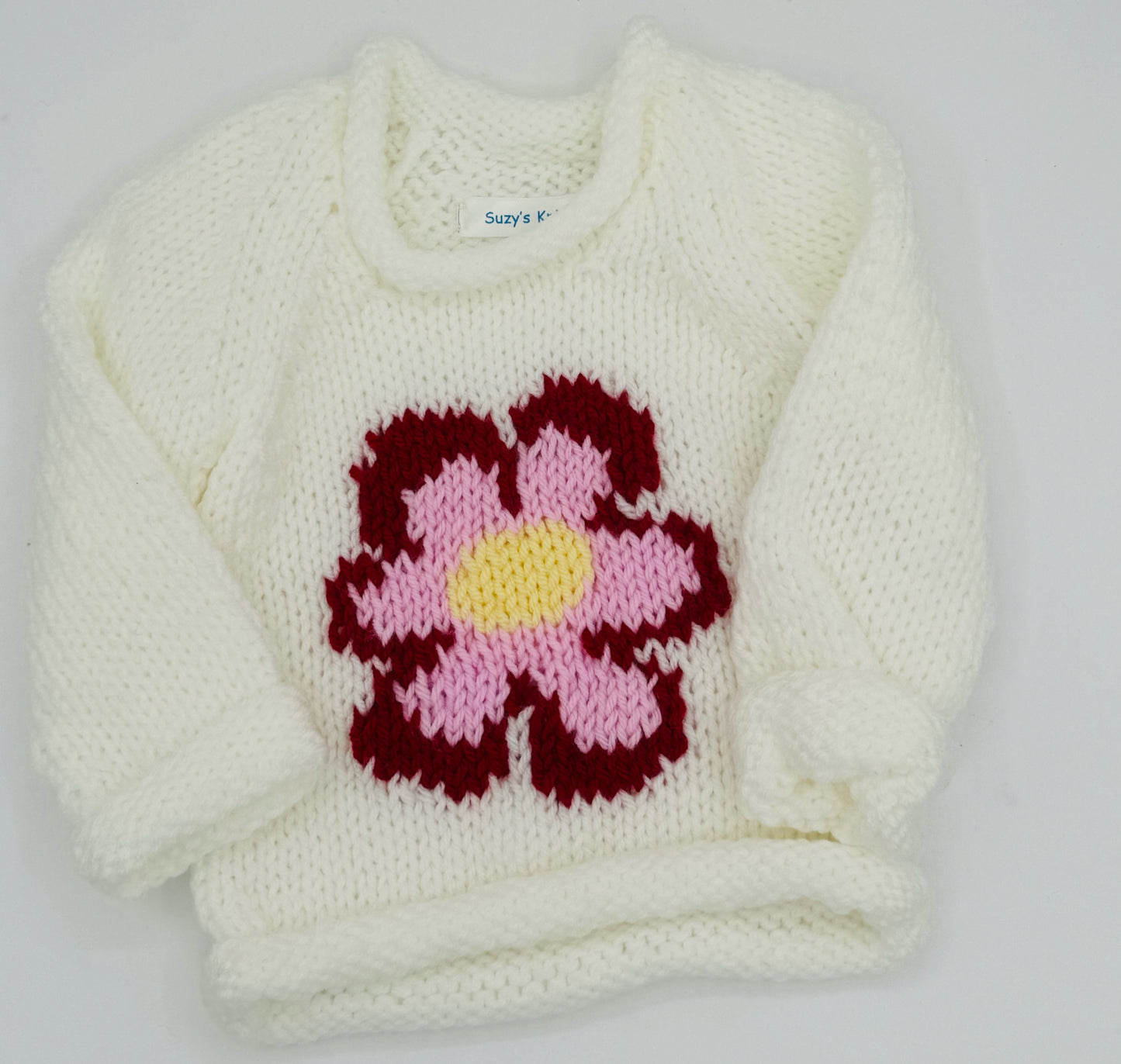 12-18 M White Acrylic Sweater with Pink and Red Daisy