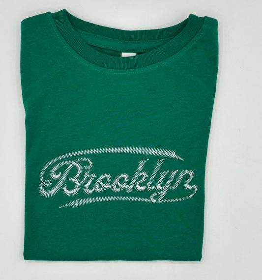 Brooklyn Script Tee White on Green 2Y