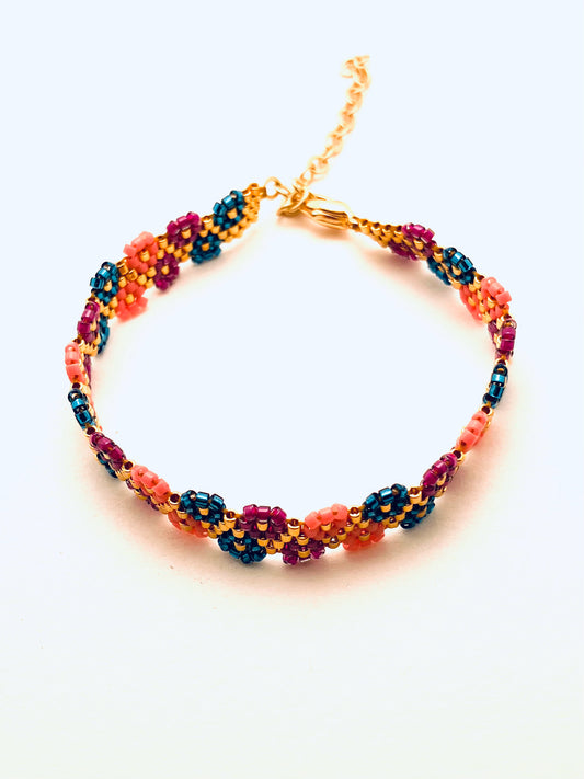 Beaded 4 Row Flower Edge Bracelet, Multi Colored