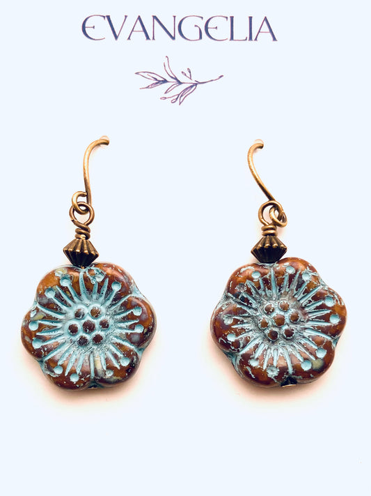 Czech Glass Earrings, Blue Flower
