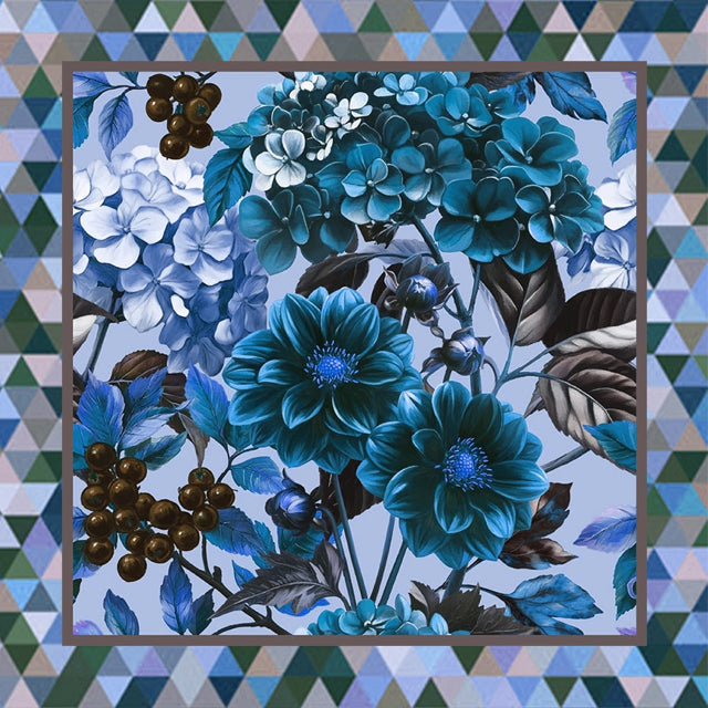 Blue Silk Square, Floral with Geometric Border