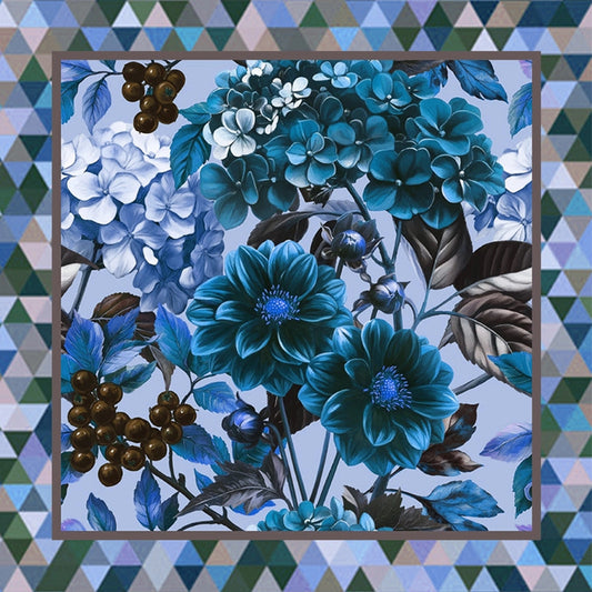 Blue Silk Square, Floral with Geometric Border