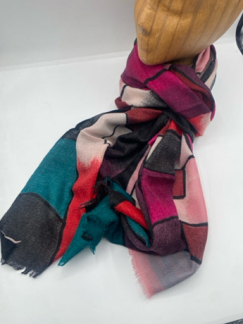 Red Fine Wool Scarf, Abstract Blocks