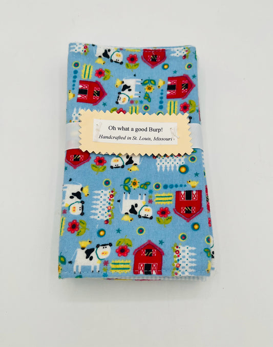 Farm Animals & Blue Stripes Burp Cloth Set of 3