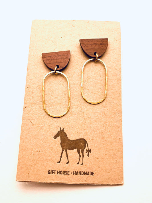 Wood Stud Brass Oval Earrings