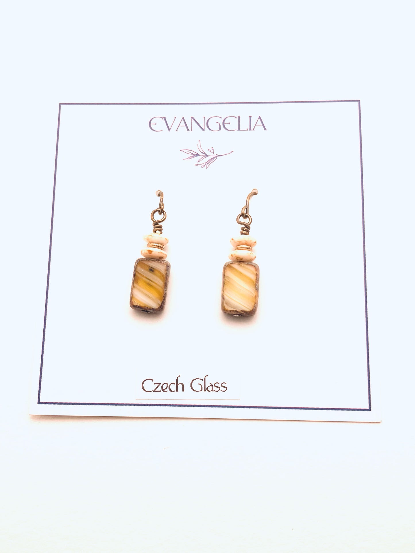 Czech Glass Earrings, Yellow Square