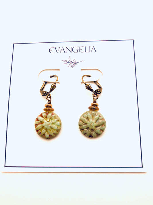 Czech Glass Earrings, Round Green
