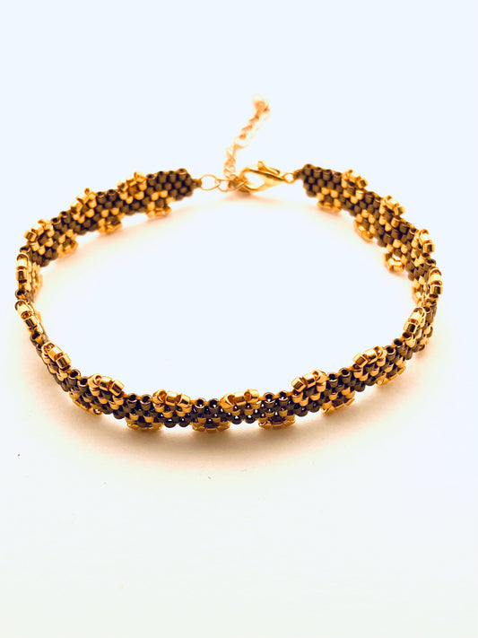 Beaded 4 Row Flower Edge Bracelet, Gold