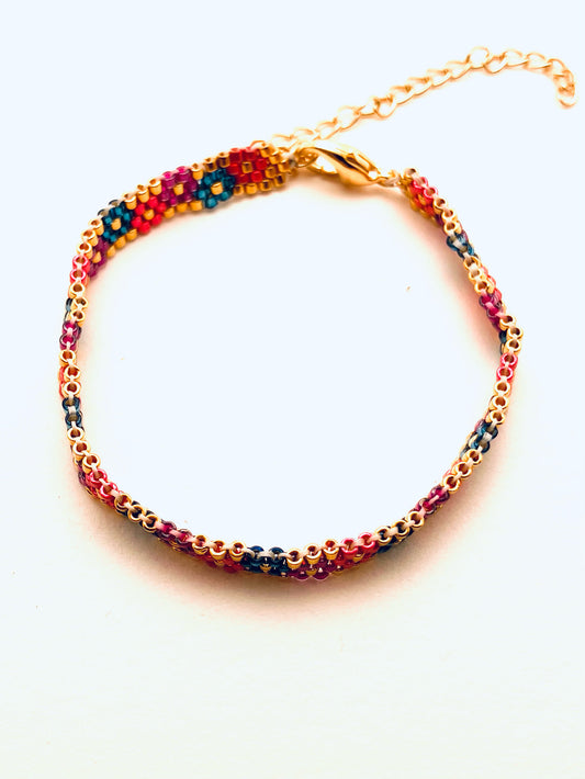 Beaded 4 Row Flower Bracelet, Gold, Pink Dark Turquoise and Purple