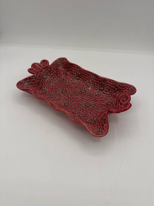 Ruby Red Lace Print Tray with Handles