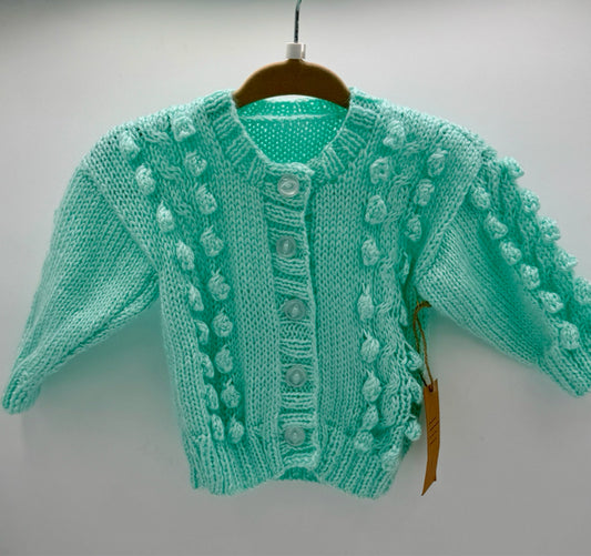0-3 M Mint Green Acrylic Knit Cable Cardigan with Bobbles