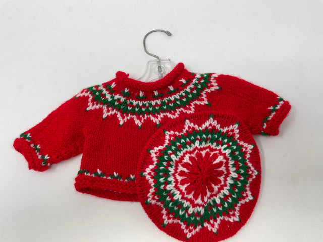 18" Doll's Red, Green & White Acrylic and Wool Knit Doll Sweater and Hat