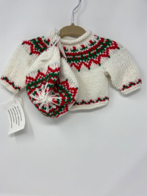 18" Doll's White with Red & Green Fair Isle Acrylic Doll Sweater and Hat Set