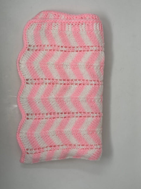 Pink and White Acrylic Chevron Stripe Knit Blanket