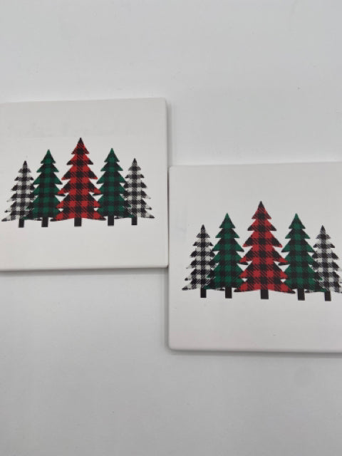 Ceramic Coasters - Set of 4 Plaid Trees