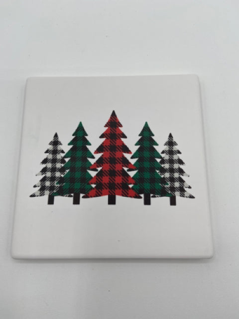 Ceramic Cork Backed Coaster -  Plaid Trees